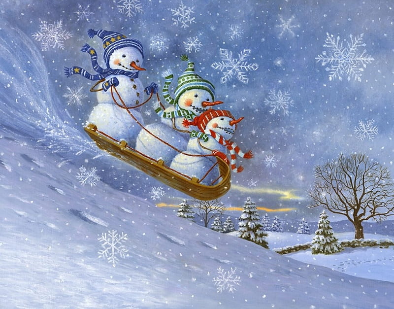 Snowmen Sledding, snowmen, christmas, fun, sled, happy, winter, cute, snow, Painting, blue, HD wallpaper