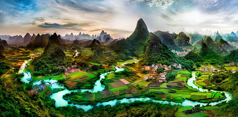 Incredible Guilin, forest, China, National Park, bonito, sky, clouds, agriculture, valley, city, mountains, fields, river, HD wallpaper