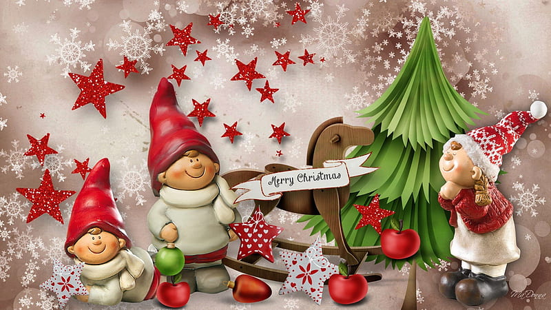 Elfkins Christmas, gnomes, stars, rocking horse, Christmas, Feliz Navidad, holiday, apples, elves, cute, tree, fairies, HD wallpaper