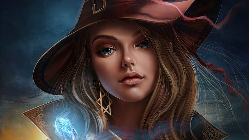 Fantasy, Witch, Blonde, Blue Eyes, Face, Girl, Hat, HD wallpaper
