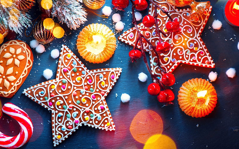 Christmas, decorations, New Year, star cookies, candles, artificial snow, HD wallpaper