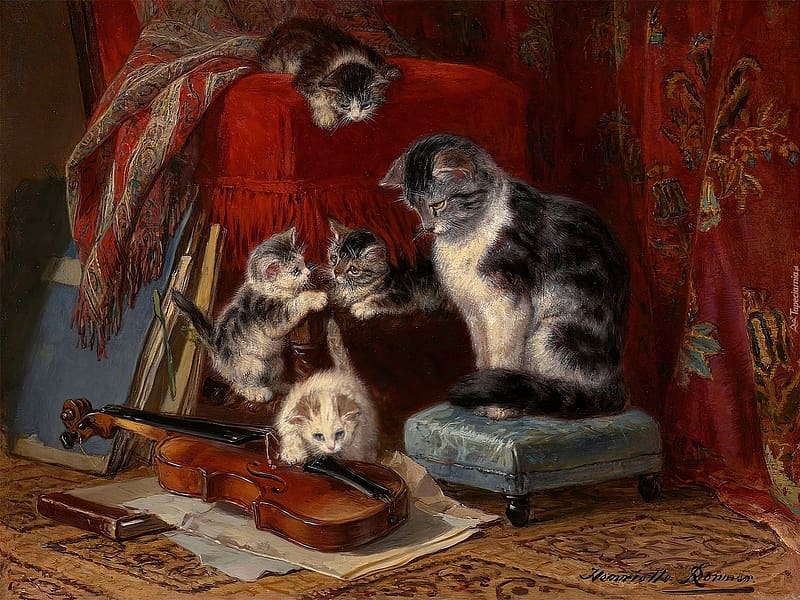 :), henriette ronner knip, kitten, painting, pisici, art, cat, violin, pictura, instrument, red, HD wallpaper