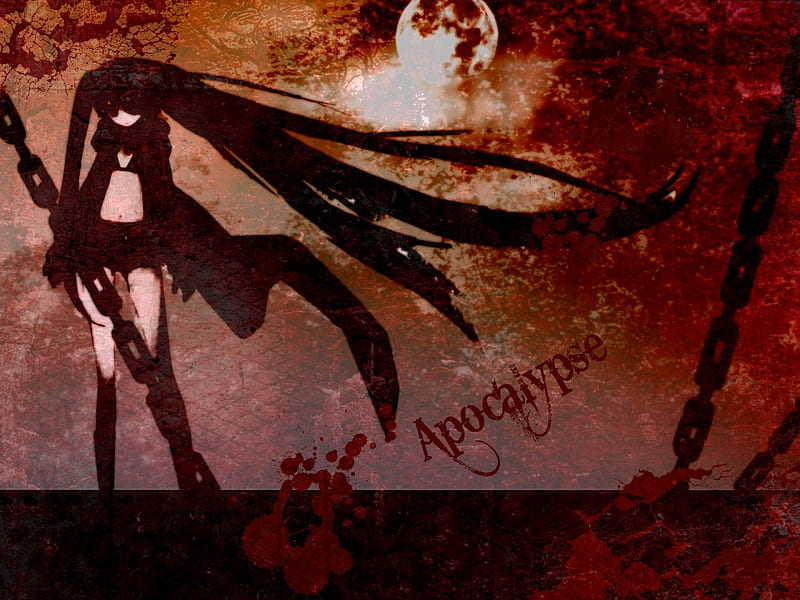 Apocalypse, red, twintail, chains, blood, blaze blue fire, moon, planet, anime, black rock shooter, brs, earth, blue, HD wallpaper