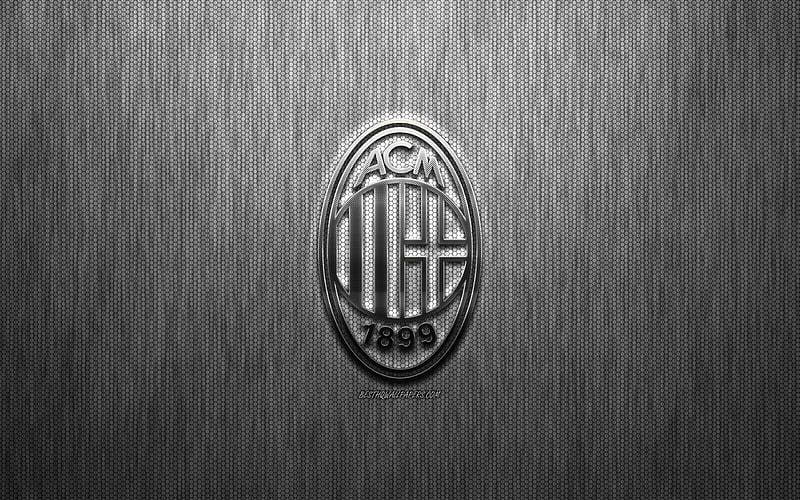 AC Milan, Italian football club, steel logo, emblem, gray metal background, Milan, Italy, Serie A, football, HD wallpaper