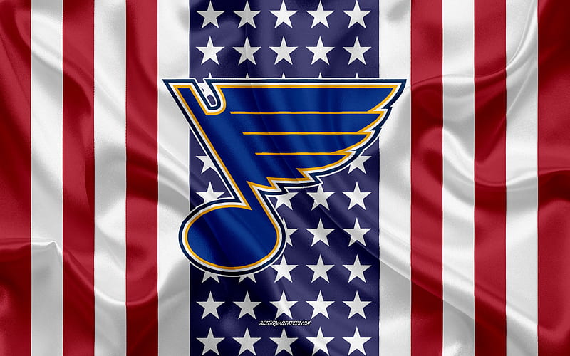 St Louis Blues logo, emblem, silk texture, American flag, American hockey  club, HD wallpaper