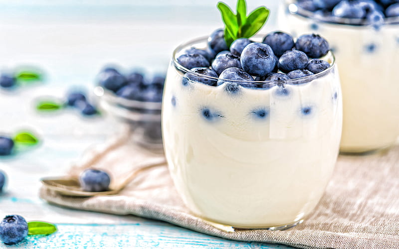 blueberry yogurt, dairy products, yogurt, glass of white yogurt, blueberries, yogurt with berries, HD wallpaper