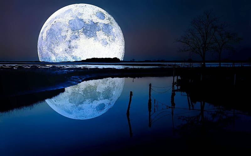 full moon, cool, moon, lake, space, fun, HD wallpaper