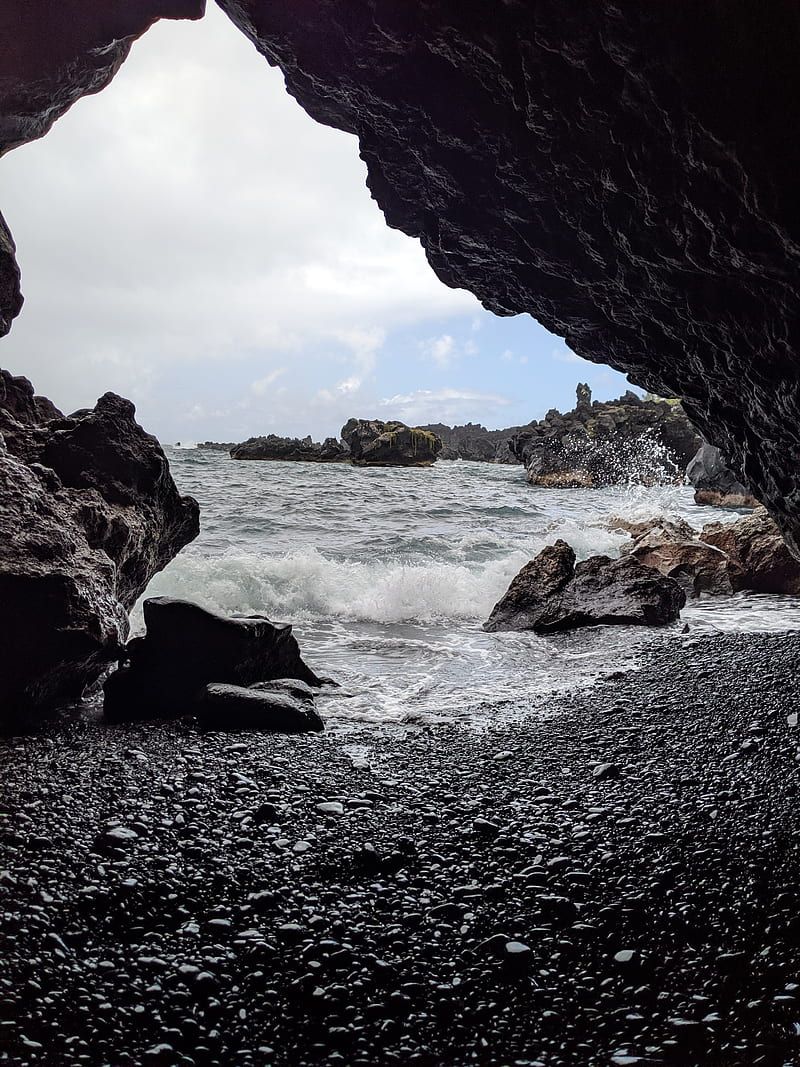cave, rocks, sea, pebbles, HD phone wallpaper