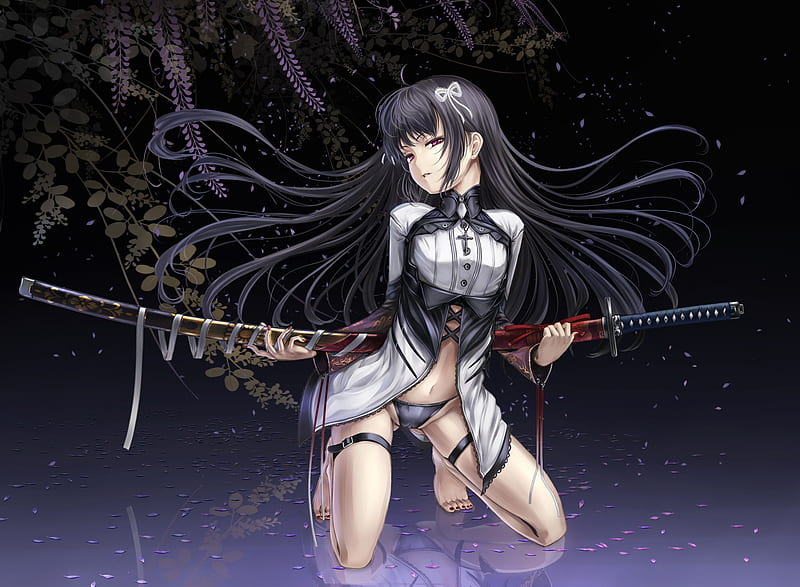 Female Swordman, girl, anime, katana, weapon, long hair, sexy, sword, black hair, HD wallpaper