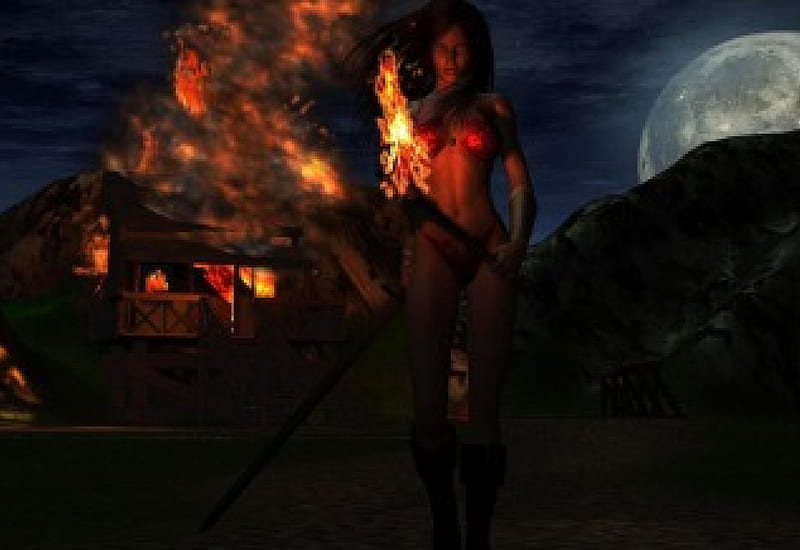 The Tragedy of Tyris Flare, games, female, goden axe, video games, fire, moon, flames, sword, night, HD wallpaper