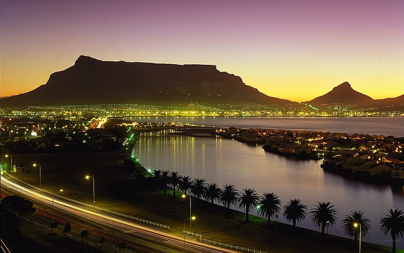 panorama of cape town s. africa at dusk, mountain, city, dusk, bay, lights, HD wallpaper