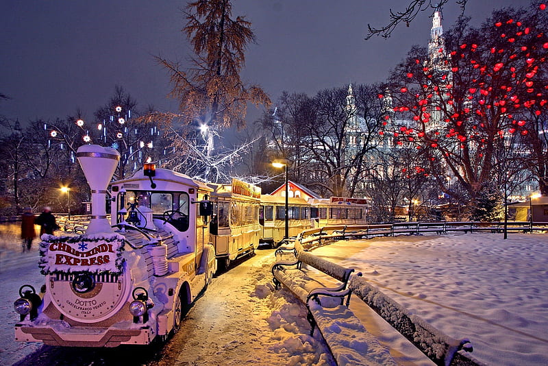 Vienna, winter, city, train, snow, houses, austria, night, HD wallpaper
