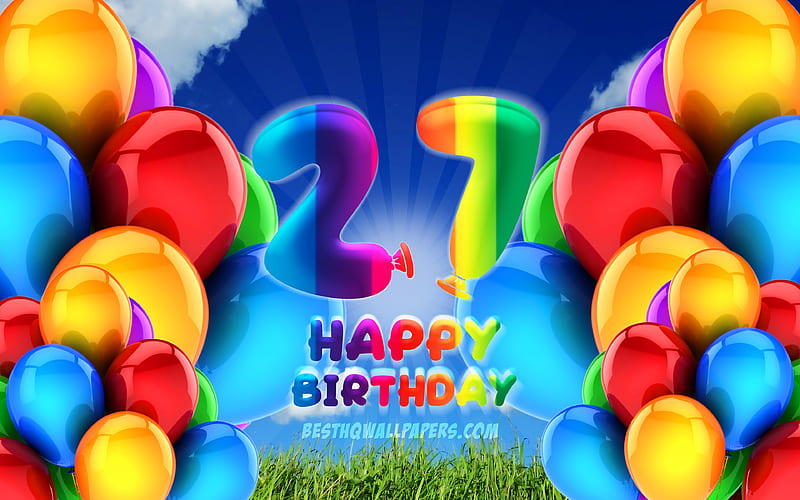 Happy 27 Years Birtay, cloudy sky background, Birtay Party, colorful ballons, Happy 27th birtay, artwork, 27th Birtay, Birtay concept, 27th Birtay Party, HD wallpaper