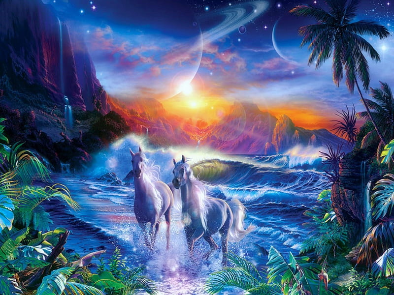 ★Cosmic of Peace★, colorful, colors, love four seasons, bonito, run, horses, waterscapes, cosmic, paintings, wildlife, heaven, animals, rivers, HD wallpaper