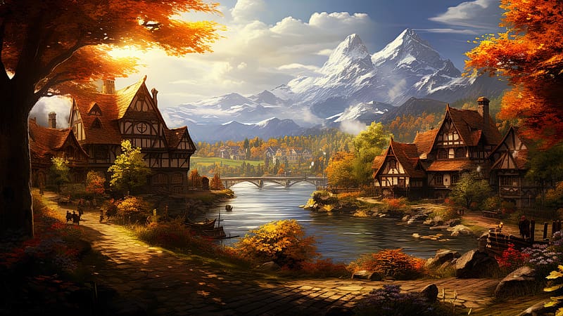 Fantasy Settlement, river, digital, art, bridge, trees, houses, mountains, HD wallpaper