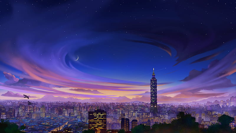 Taipei city, fantasy, city, nastia patrusheva, luminos, pink, taipei, blue, night, sky, HD wallpaper