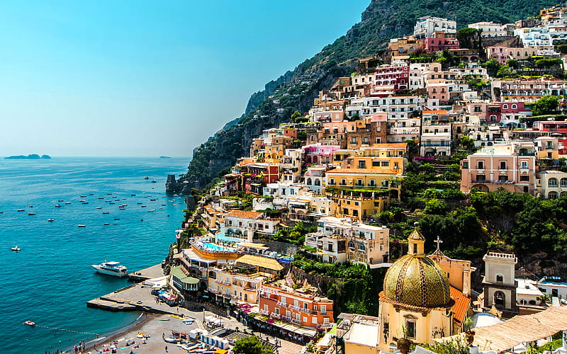 Positano Gulf of Salerno, summer, sea, italian landmarks, Italy, Campania, coast, Amalfi, HD wallpaper