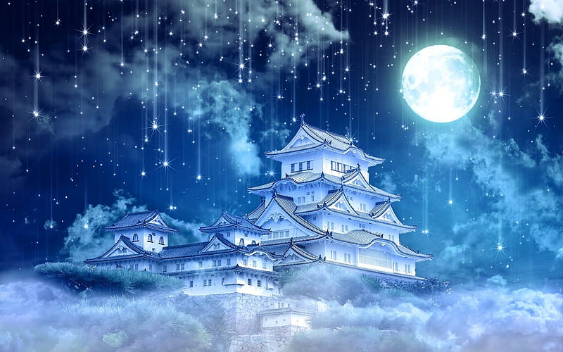 Moonlight Fortress, woods, clouds, fog, fantasy, japan, moon, SkyPhoenixX1, evening, light, night, stars, forest, japanese, sky, abstract, building, moonlight, asian, nature, HD wallpaper
