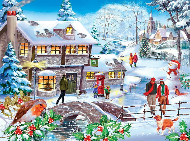 Winter Walk, snowmen, robin, christmas, holly, postbox, church, winter, tree, snow, bridge, berries, river, dogs, HD wallpaper