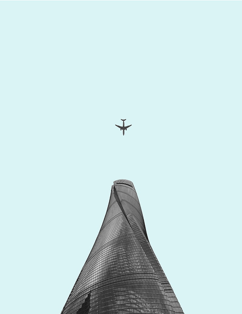 building, tower, plane, sky, minimalism, HD phone wallpaper
