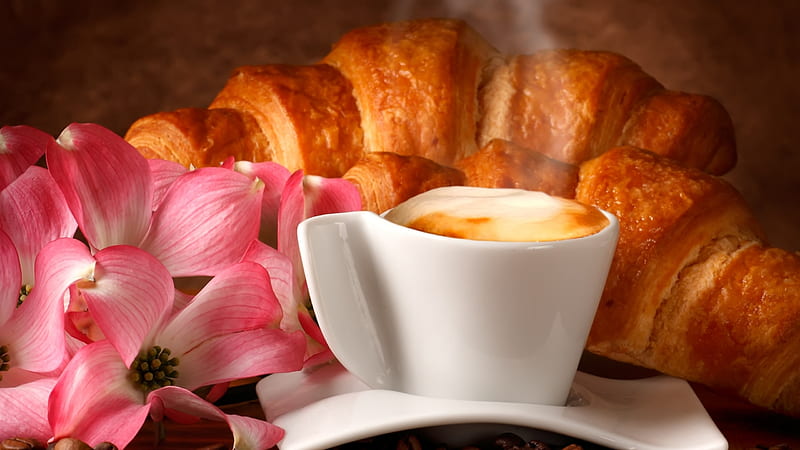 Good morning! :-), coffee, flower, cup, breakfast, morning, croissant, pink, HD wallpaper