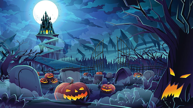Graveyard Horror Castle Pumpkins White Moon Blue Sky Halloween, HD wallpaper
