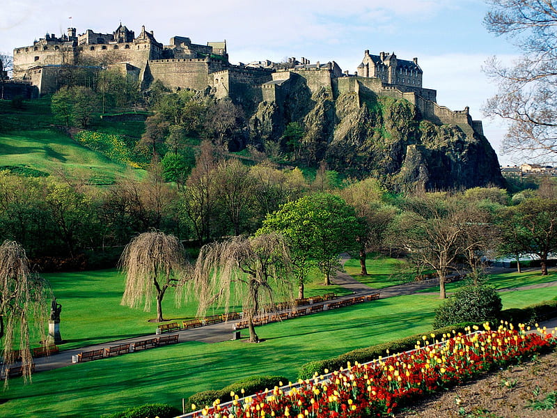 Edinburgh Castle, Scotland, Parks, Architecture, Landscapes, Flowers, Castles, Medieval, HD wallpaper