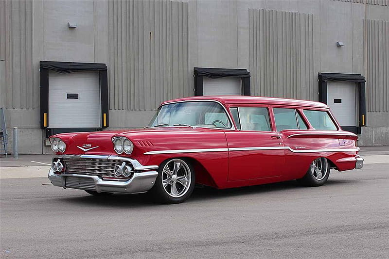 1958 Chevrolet Yeoman stationwagon, red, cruiser, 1958, chevy, stationwagon, yeoman, cool, chevrolet, car, 58, HD wallpaper