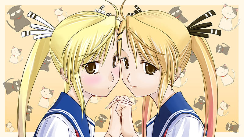 the twins (nyan koi), cute, kitten background, blonde, twins, school uniform, HD wallpaper