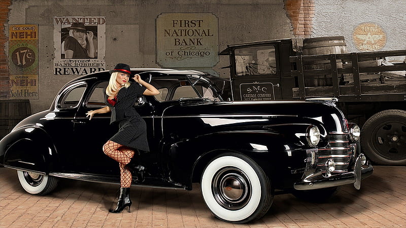 Hot Woman and Her Wheels, Black Pinstripe Dress, Black, Wanted Poster, Heeled Boots, Grill, Black Fishnet Stockings, White Walls, Car, Blonde, Heels, Red Sash, Vintage Car, HD wallpaper