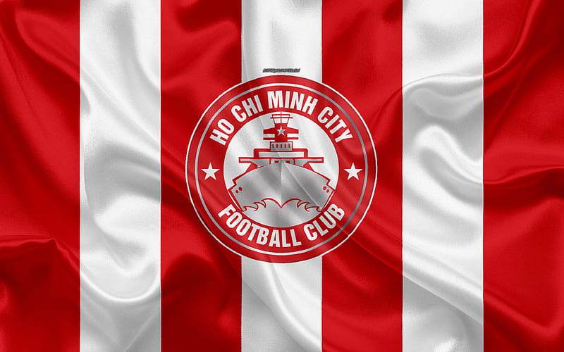 Ho Chi Minh City FC logo, silk texture, Vietnamese football club, emblem, red white silk flag, V-League 1, Ho Chi Minh City, Vietnam, football, HD wallpaper