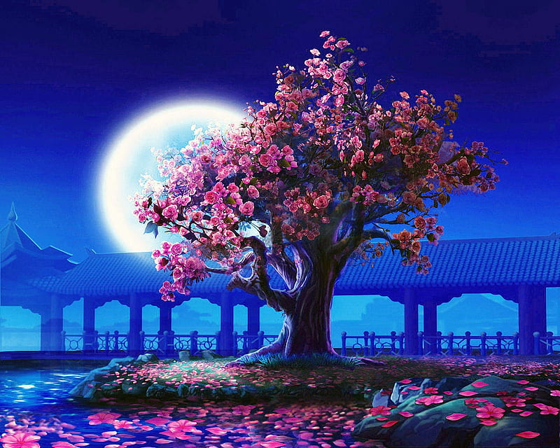 Moonlight, blossoms, tree, bridge, night, digital, HD wallpaper