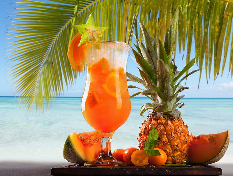 Summer Drinks, Pineapple, Juice, Mojito, Table, Leave, beach, HD wallpaper