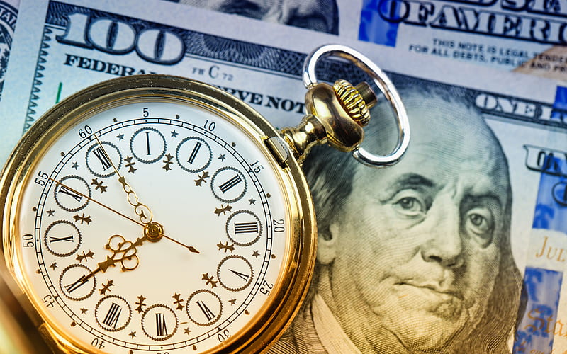 gold pocket watches, dollars, time is money concepts, finance, American dollars, investments, HD wallpaper
