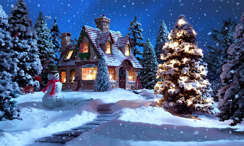 Down The Chimney, santa, snow, cottage, painting, artwork, winter, HD wallpaper