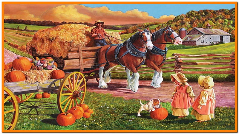 Autumn of Old, autumn, chilren, wagon, hay, pumpkins, HD wallpaper