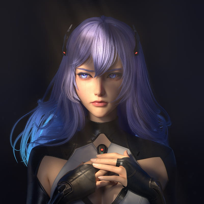 Huifeng Huan, CGI, Beatless, Lacia, Type-005 Lacia , women, blue hair, long hair, blue eyes, portrait, crying, shadow, hair accessories, simple background, androids, HD phone wallpaper