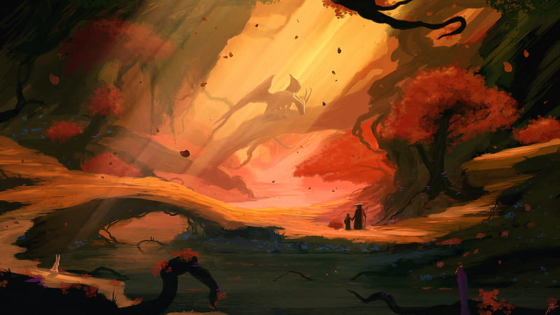 Fantasy, Dragon, Landscape, Tree, HD wallpaper