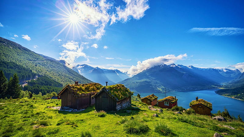 Cabins at a Norwegian Fjord, trees, landscape, sky, mountains, clouds, HD wallpaper