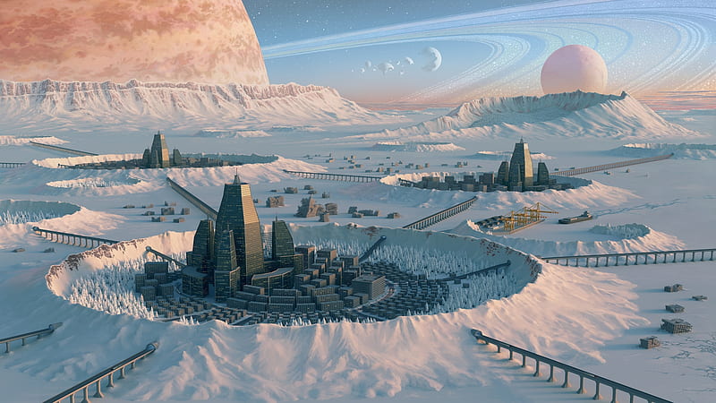 futuristic colonization, winter, snow, planet surface, Sci-fi, HD wallpaper