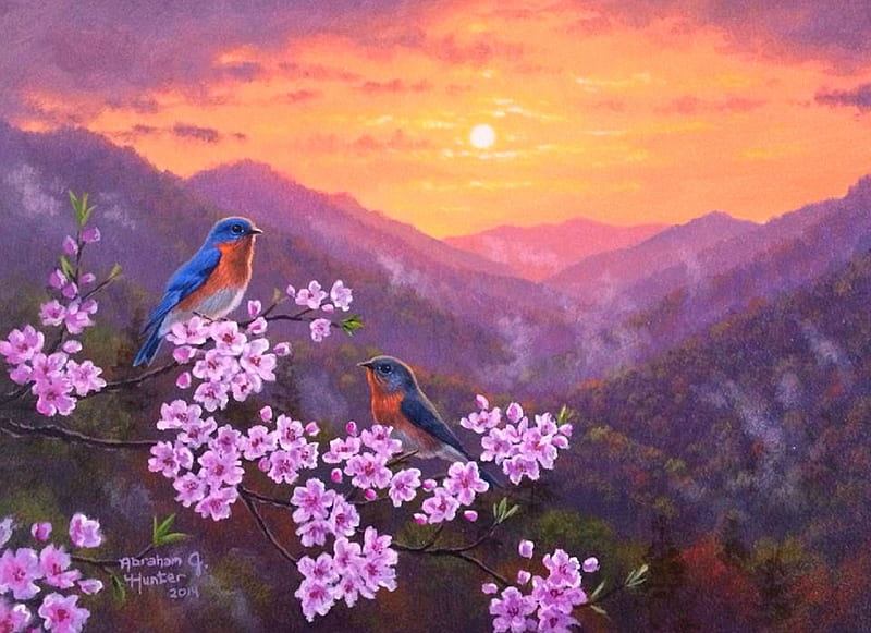 ★Songbird Together★, pretty, lovely, together, songbirds, colors, love four seasons, birds, bonito, spring, paintings, love, flowers, nature, sunrise, pink, couple, HD wallpaper