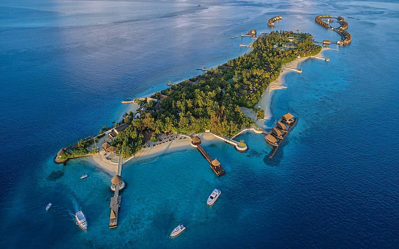 Jumeirah Vittaveli, Maldives, tropical islands, sunset, evening, summer travel, Maldives from above, HD wallpaper