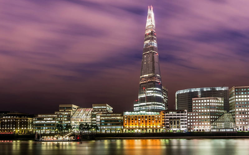 London, night, river, modern architecture, UK, England, HD wallpaper