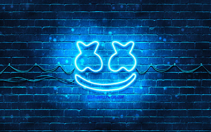Marshmello blue logo superstars, american DJs, blue brickwall, Marshmello logo, Marshmello neon logo, DJ Marshmello, Christopher Comstock, music stars, HD wallpaper