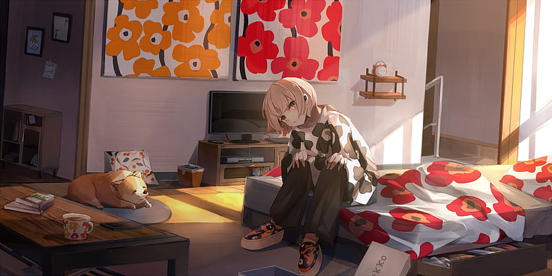 anime girl, room, doggo, sleeping, slice of life, smiling, short hair, Anime, HD wallpaper