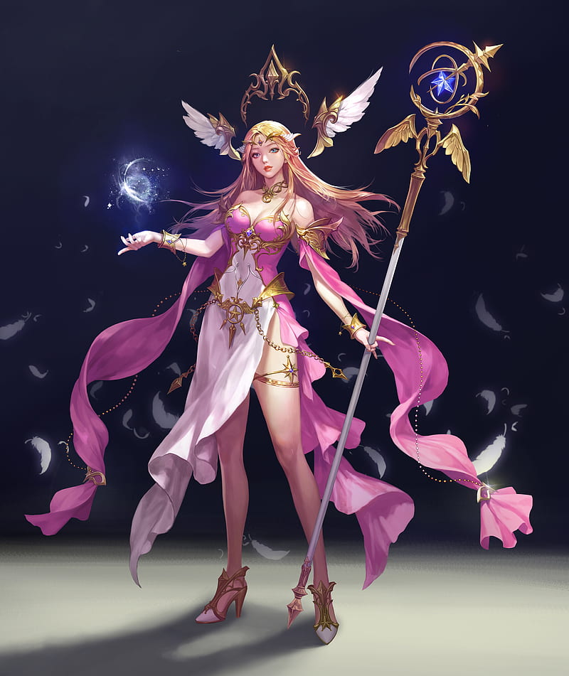 Minsook An, drawing, women, blonde, long hair, straight hair, wind, tiaras, hair accessories, wings, crown, dress, pink clothing, magician, feathers, staff, spell, shoes, high heels, gold, looking at viewer, blue eyes, HD phone wallpaper