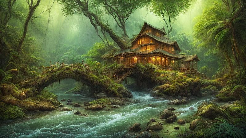 Small River Trunk In The Rain Forest With House, trees, cottage, water, stones, painting, HD wallpaper