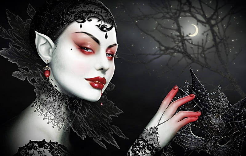 ☦ Attractive Vampire ☦, female, masquerade mask, black, earring, fantasy, gothic, dark, vampire, branches, red lips, HD wallpaper