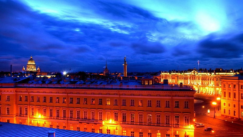roofs in st. petersburg russia at dusk, dusk, city, rofs, lights, HD wallpaper