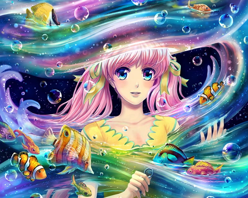 Cosmic Flow, female, bubble, lovely, fish, twintails, magic, sweet, cute, fantasy, water, girl, anime, anime girl, long hair, pink hair, HD wallpaper